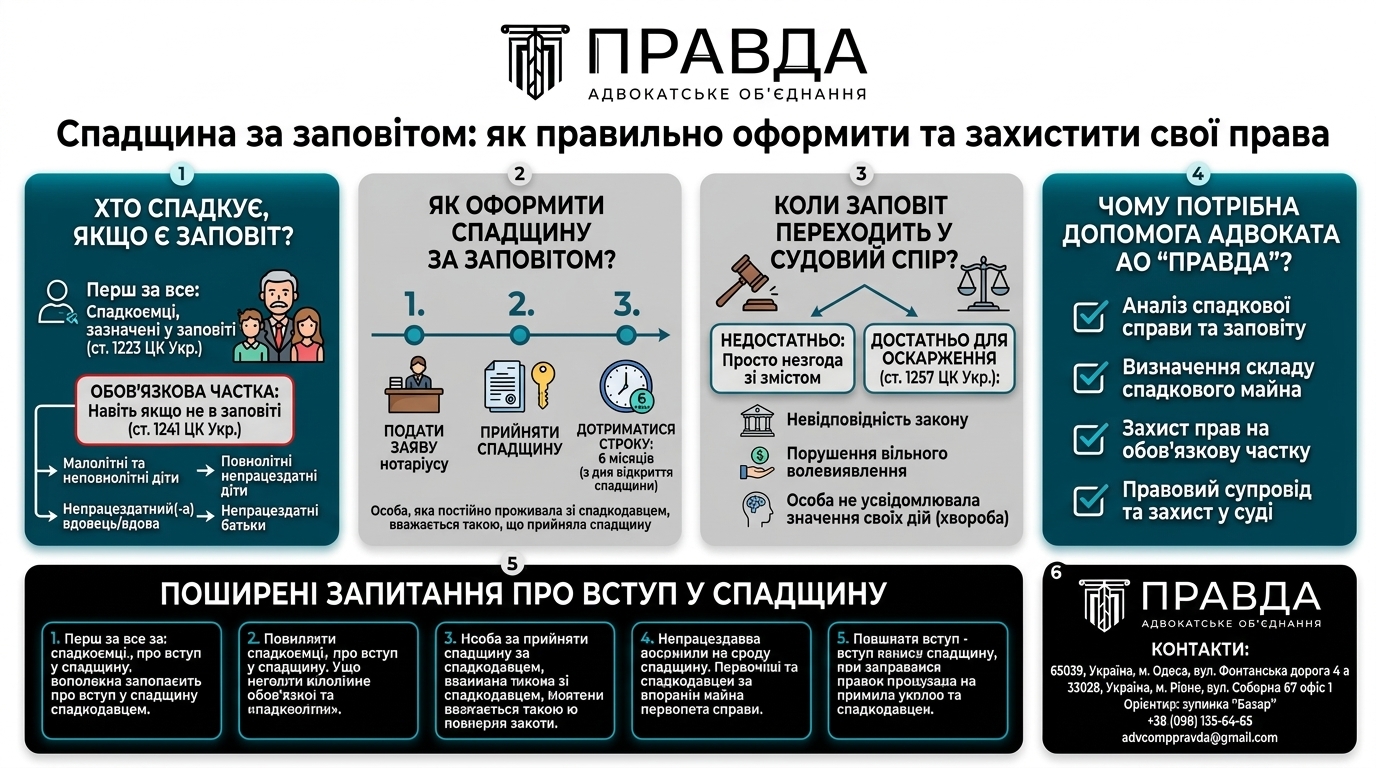 Спадщина за заповітом: порядок оформлення, обов’язкова частка та оскарження заповіту