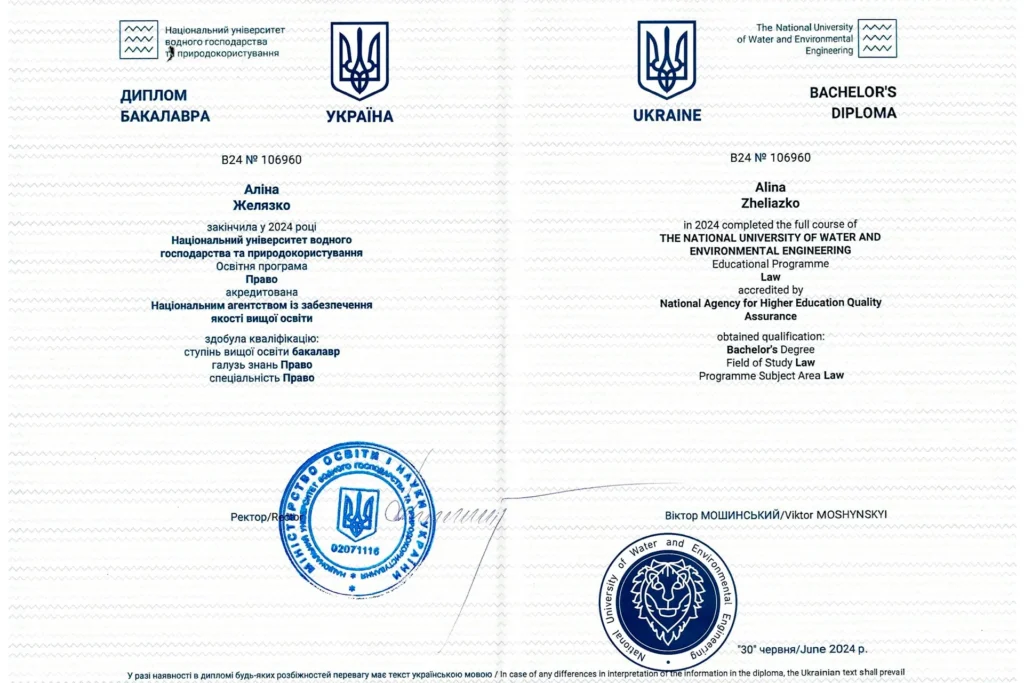 Диплом бакалавра права Желязко Аліни Валеріївни серії В24 № 106960, виданий у 2024 році