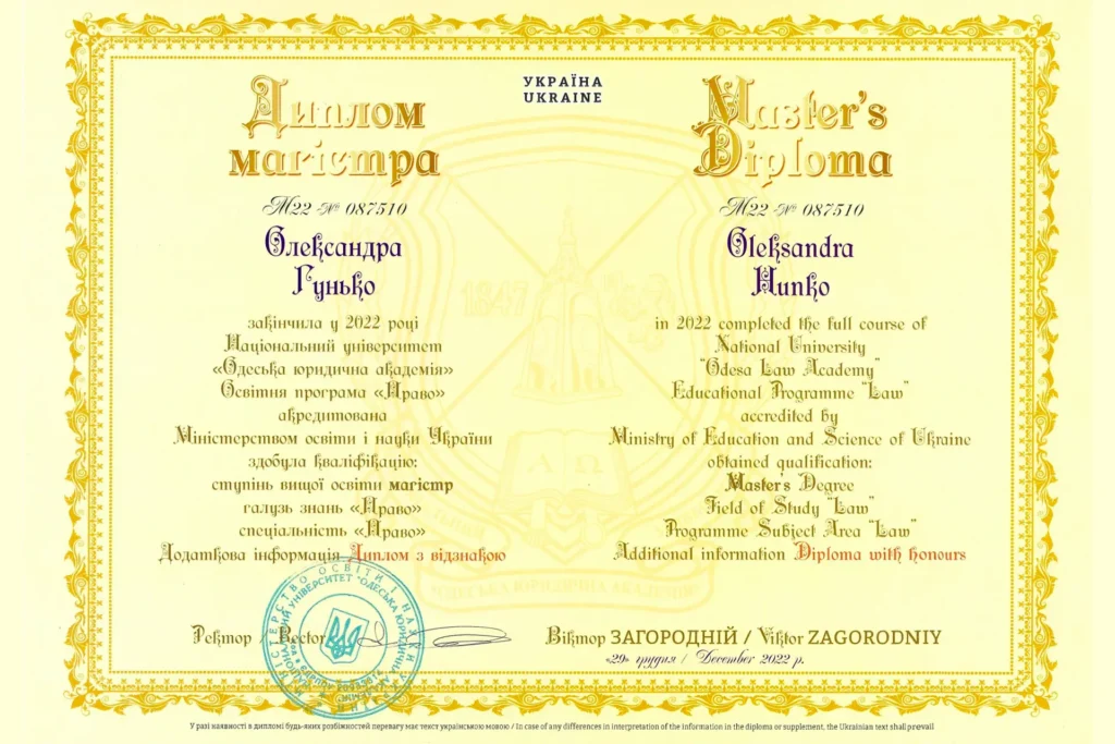 Диплом магістра права з відзнакою Гунько Олександри Євгеніївни, виданий у 2022 році