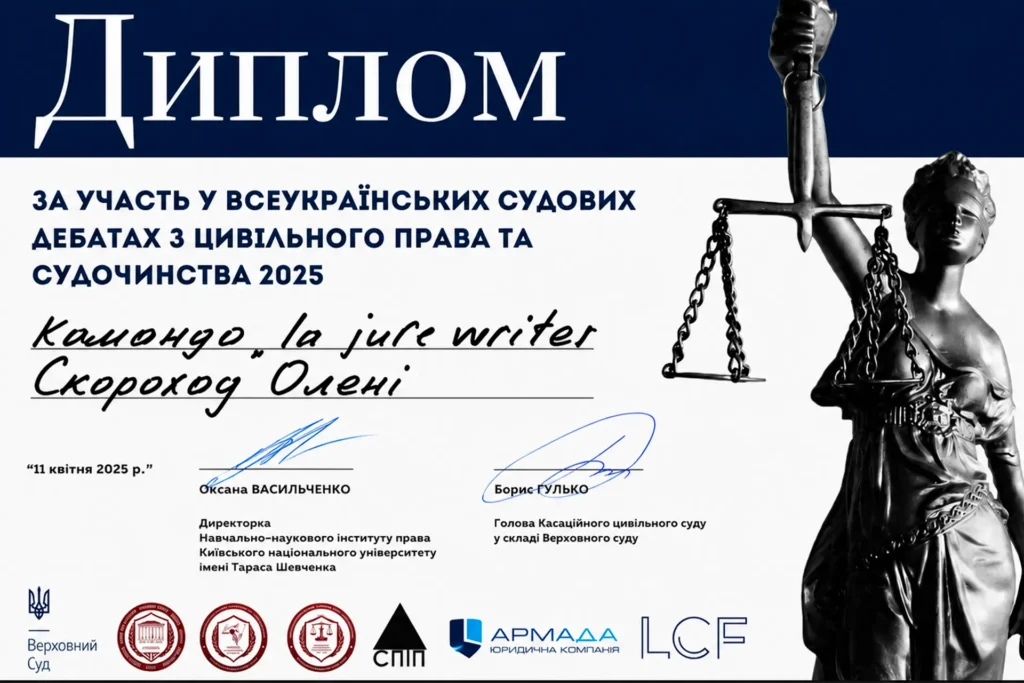 Диплом юриста Скороход Олени Миколаївни за участь у Всеукраїнських судових дебатах із цивільного права та судочинства 2025 року